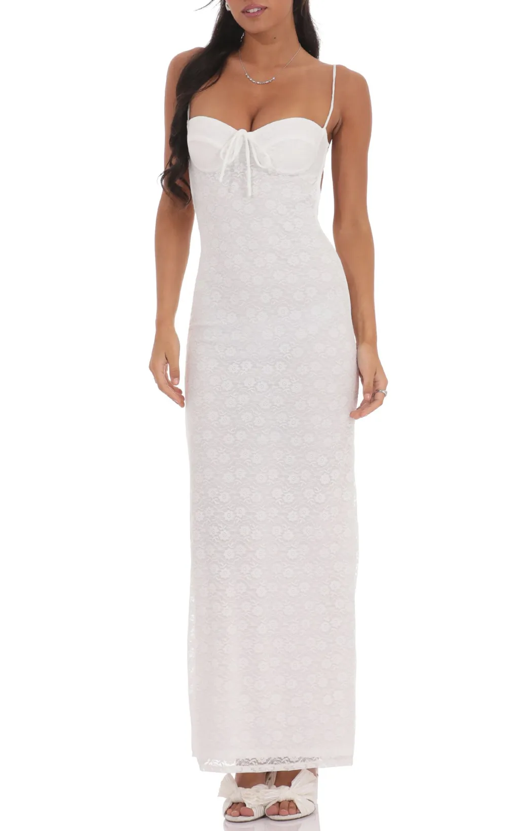 Lace Open Back Maxi Dress in White